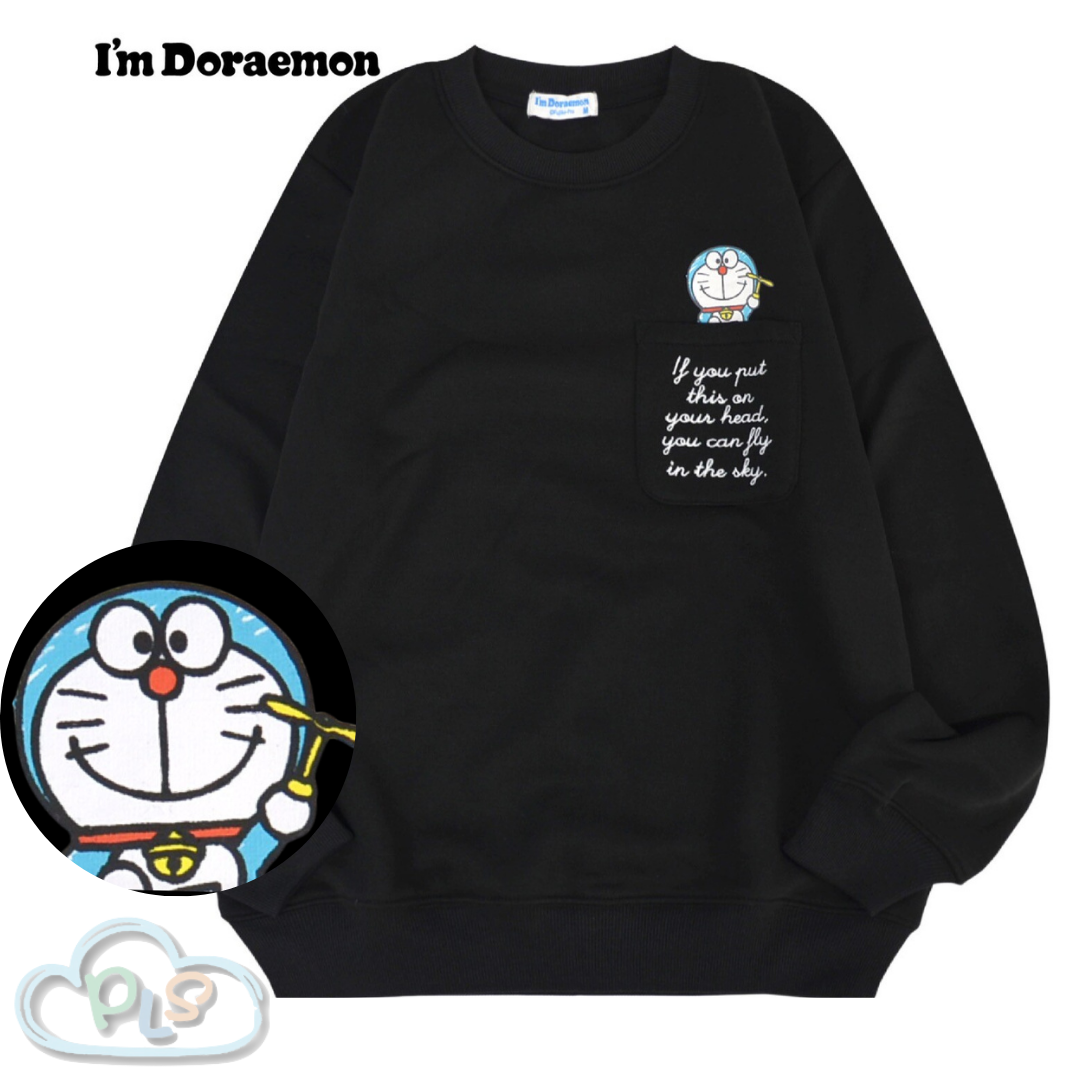 現貨 刺繡圖案抓毛衛衣 I’m Doraemon 黑色 #22856-1