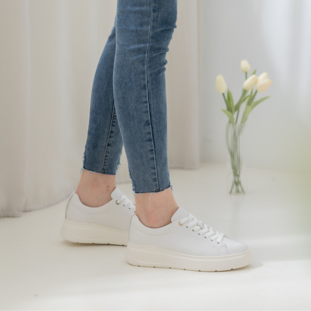 全牛皮厚底綁帶小白鞋