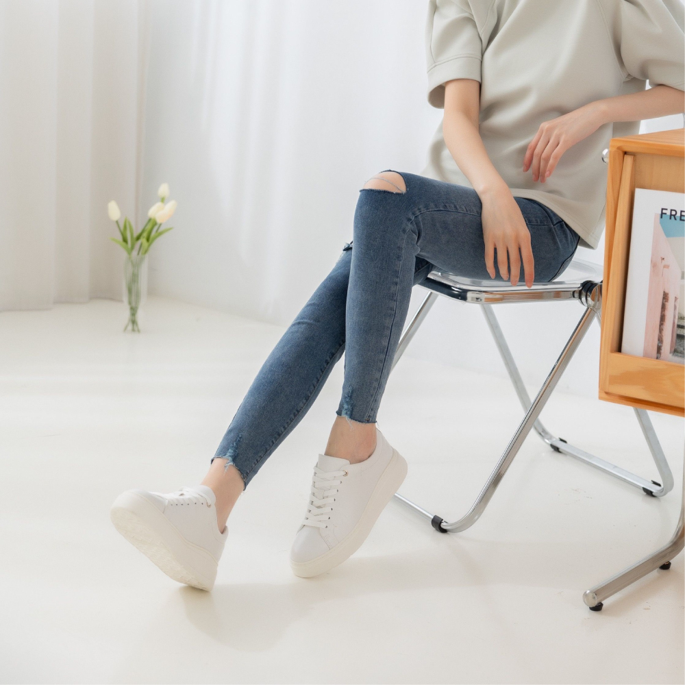 全牛皮厚底綁帶小白鞋