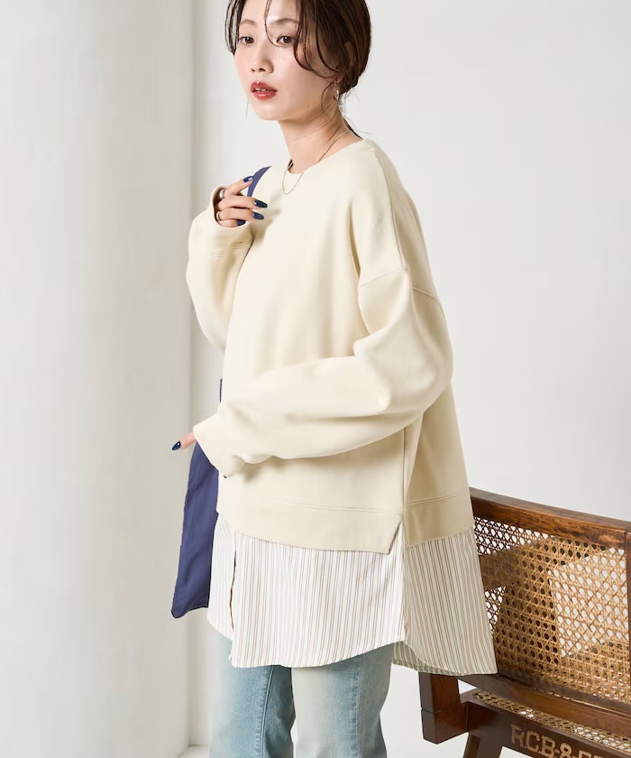 FREAK'S STORE 裏起毛 スウェット × シャツ レイヤード風 トップス米白（1322248901409）