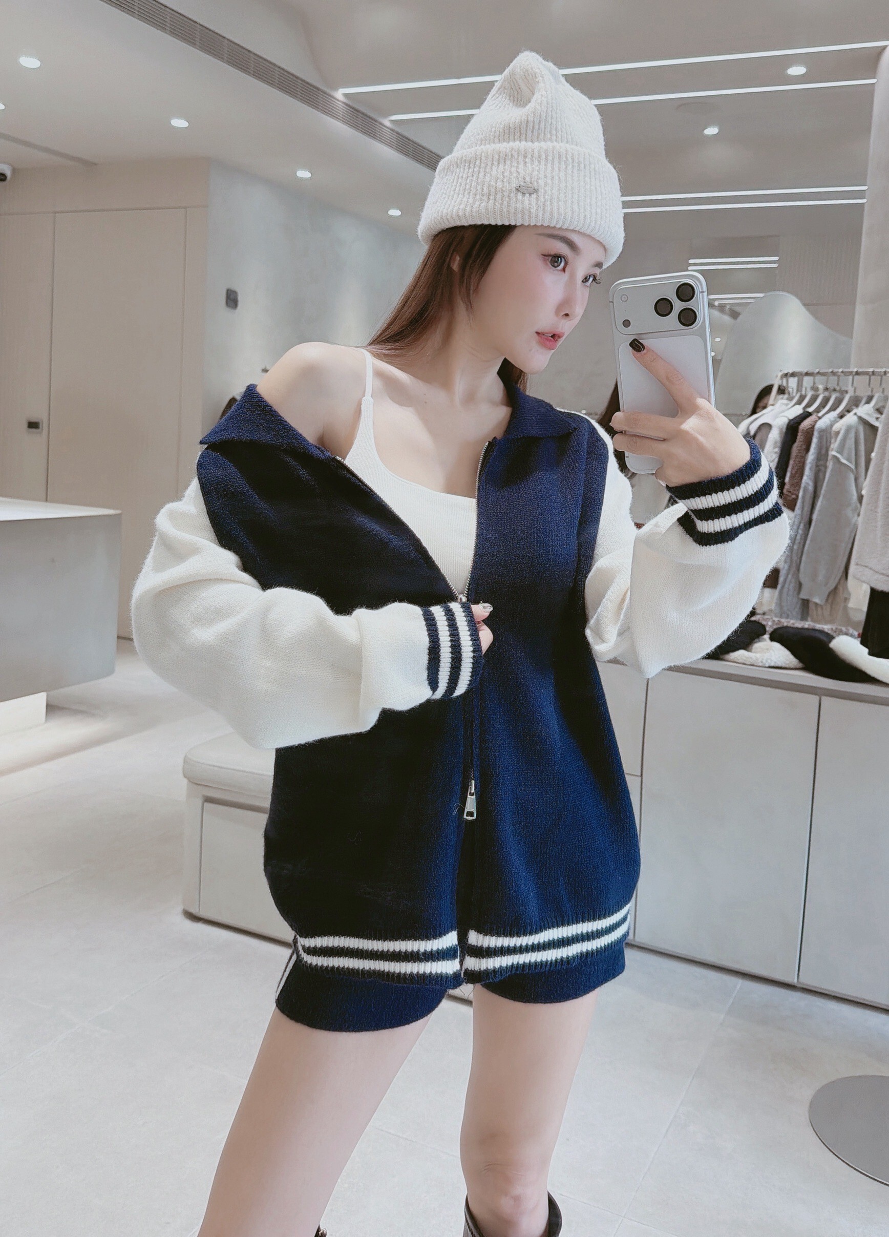 配色POLO拉鍊外套+短褲針織