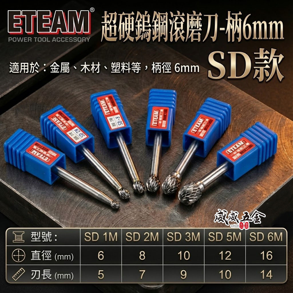 超硬鎢鋼滾磨刀｜SD型｜柄徑6mm 旋轉銼刀 鎢鋼刀 雕刻刀 磨刀｜1M 2M 3M 5M 6M｜ETEAM