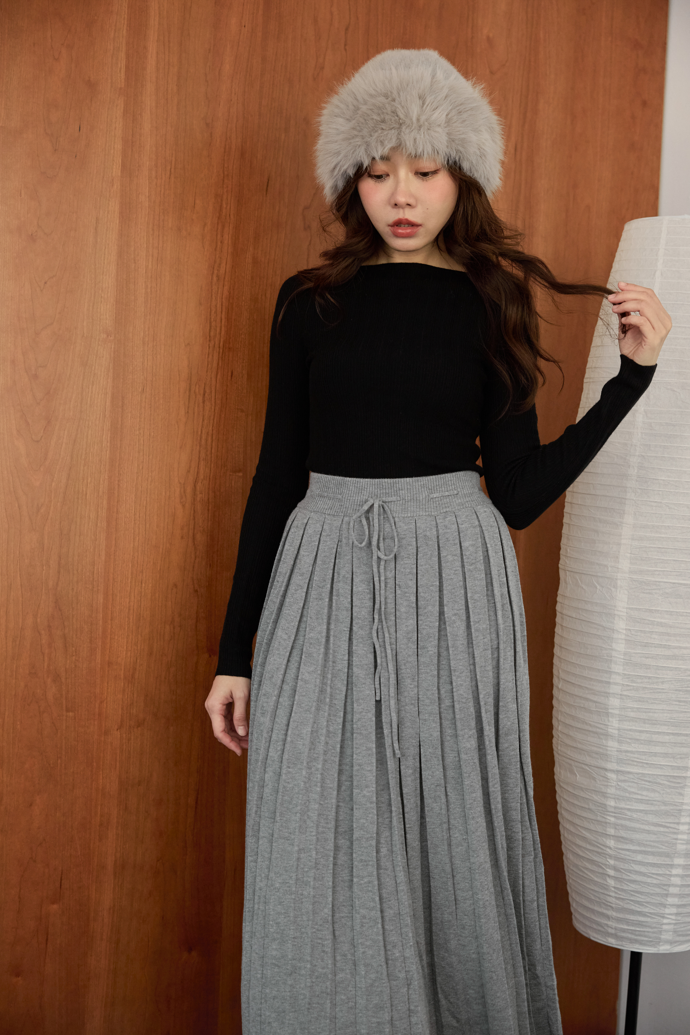 灰色羊毛混紡針織百褶裙