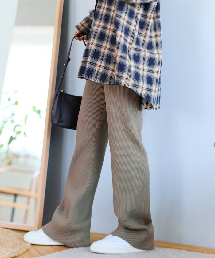 FREAK'S STORE リブ フレア ニットパンツ淺褐色S（1342248901205）