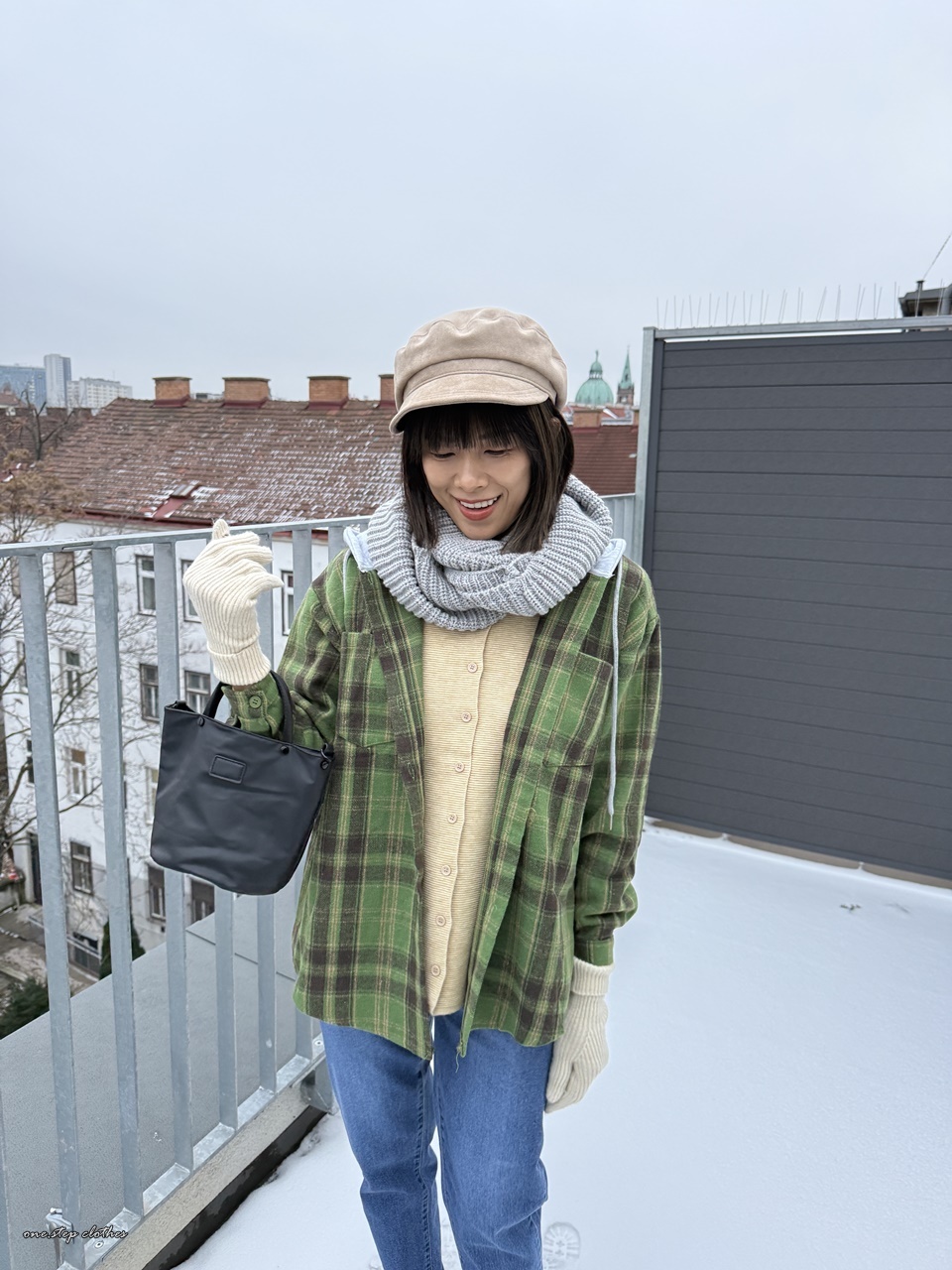 正韓草原綠格紋連帽磨毛襯衫