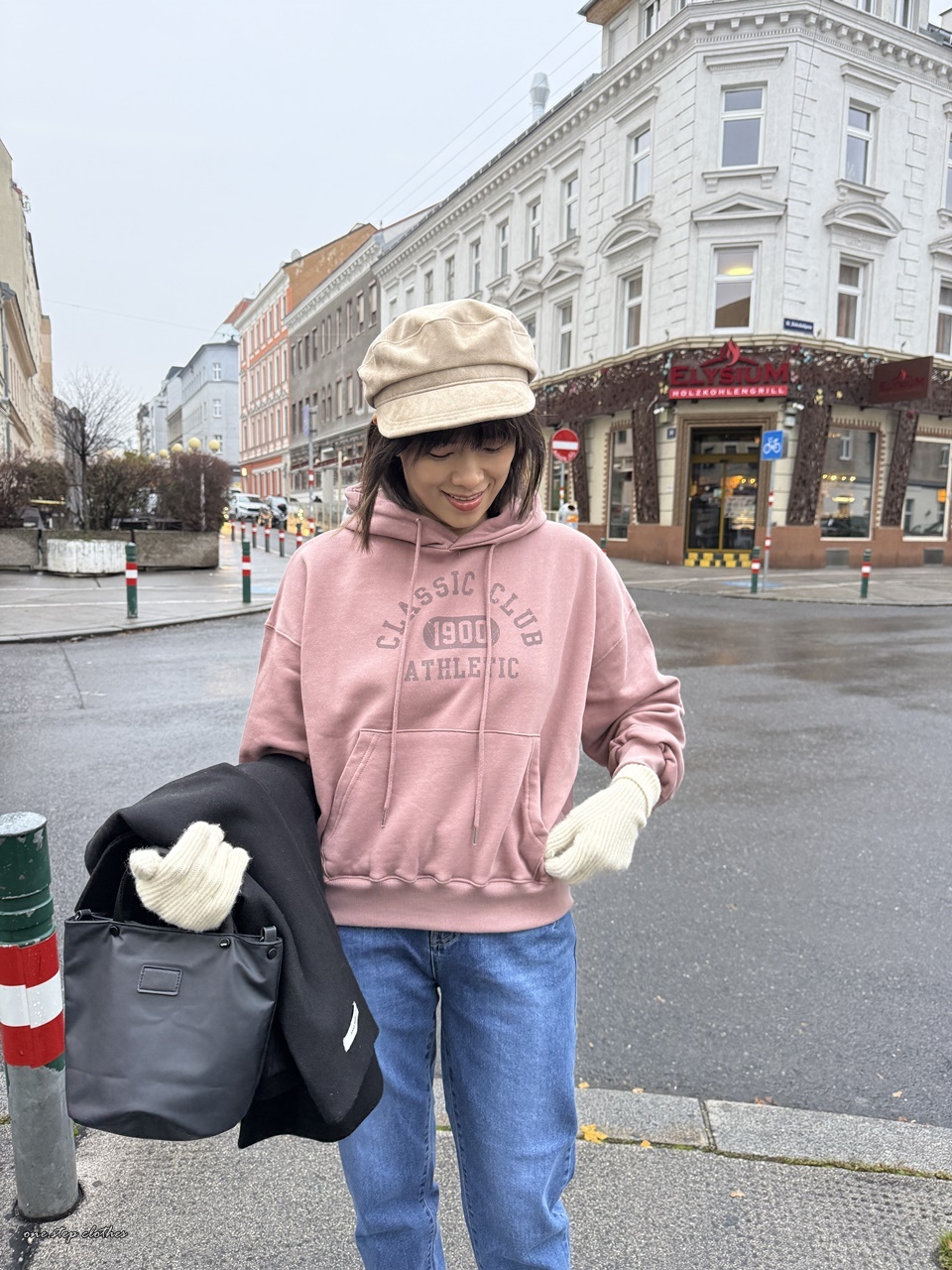 正韓玫瑰霧粉休閒刷毛帽T