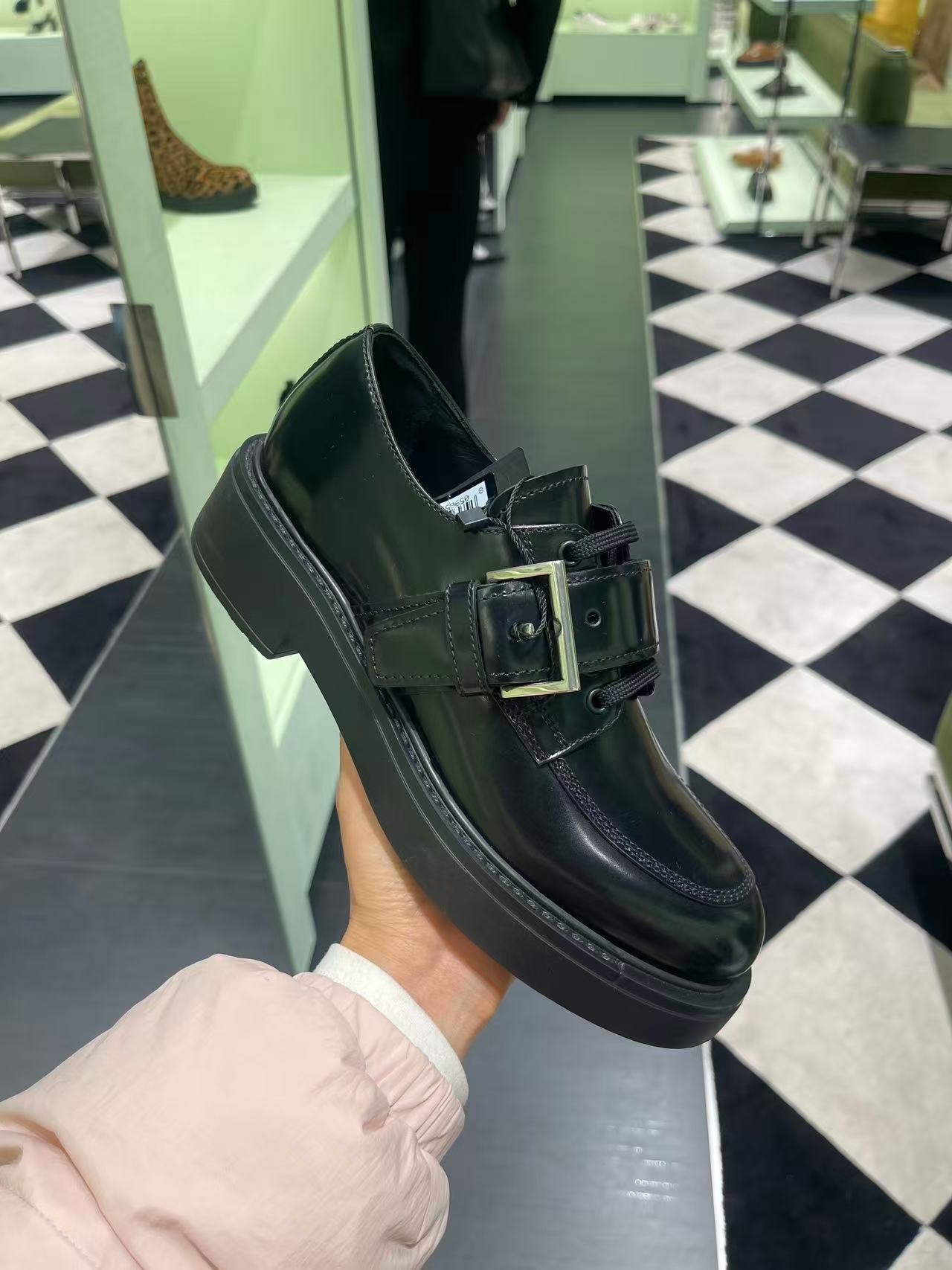 Prada Brushed Leather Lace-Up Shoes Loafers Black 1E590N [Limited Time Offer]