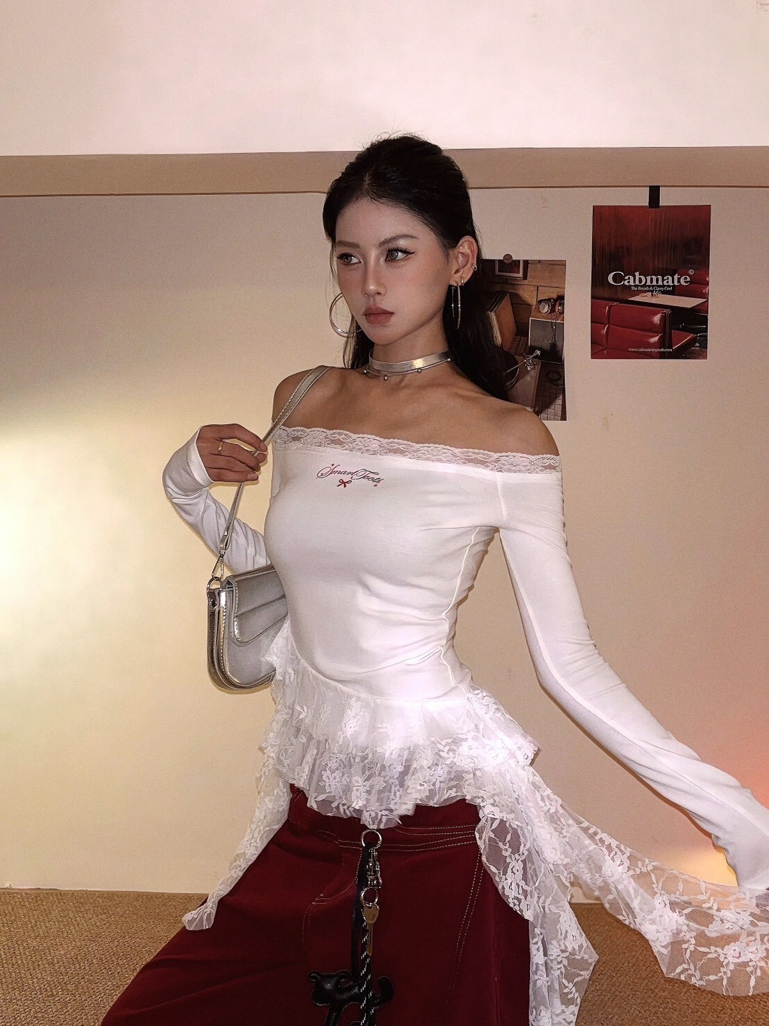 一字不規則蕾絲T