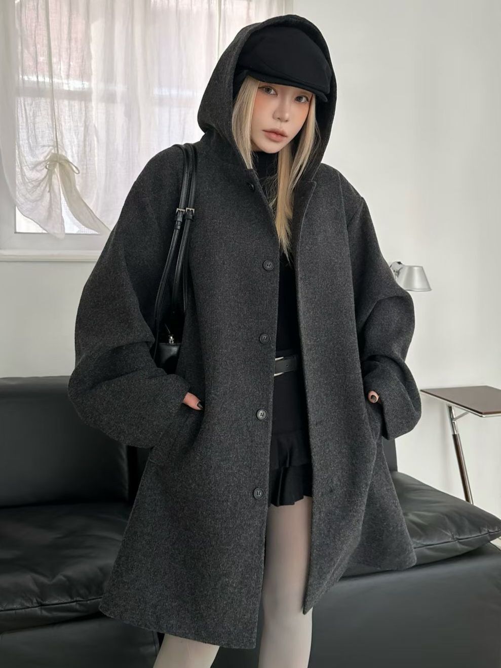 淨色連帽開胸長褸 BALLOW-025JK