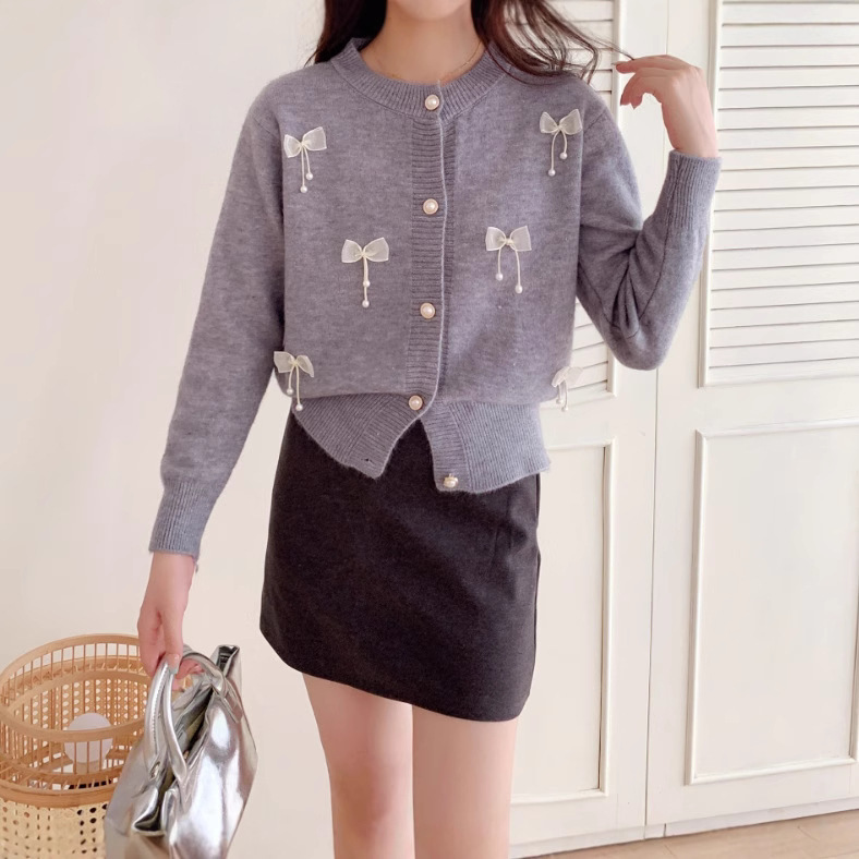 Korean Bow-Detail Crewneck Knit Cardigan