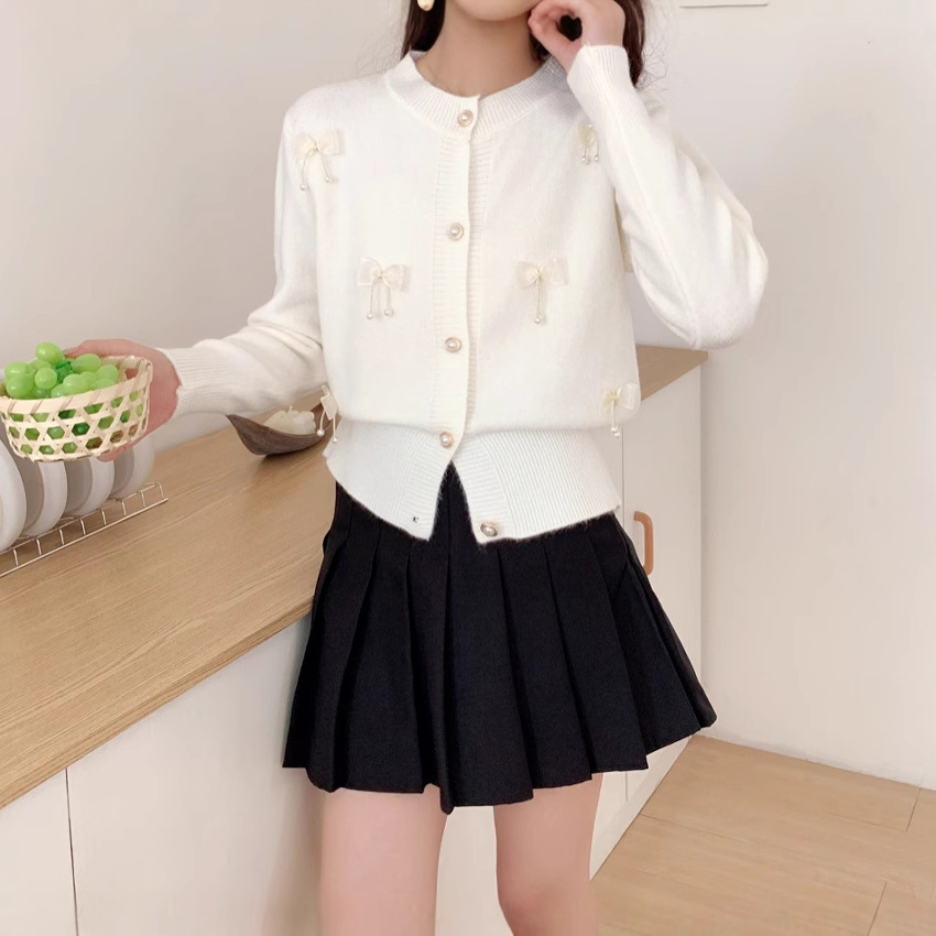 Korean Bow-Detail Crewneck Knit Cardigan
