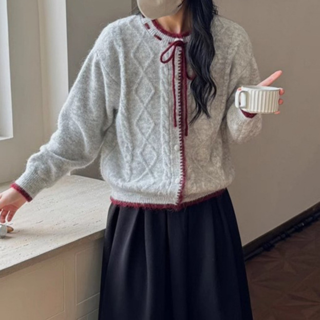 Vintage Ribbon-Trim Cable Knit Cardigan