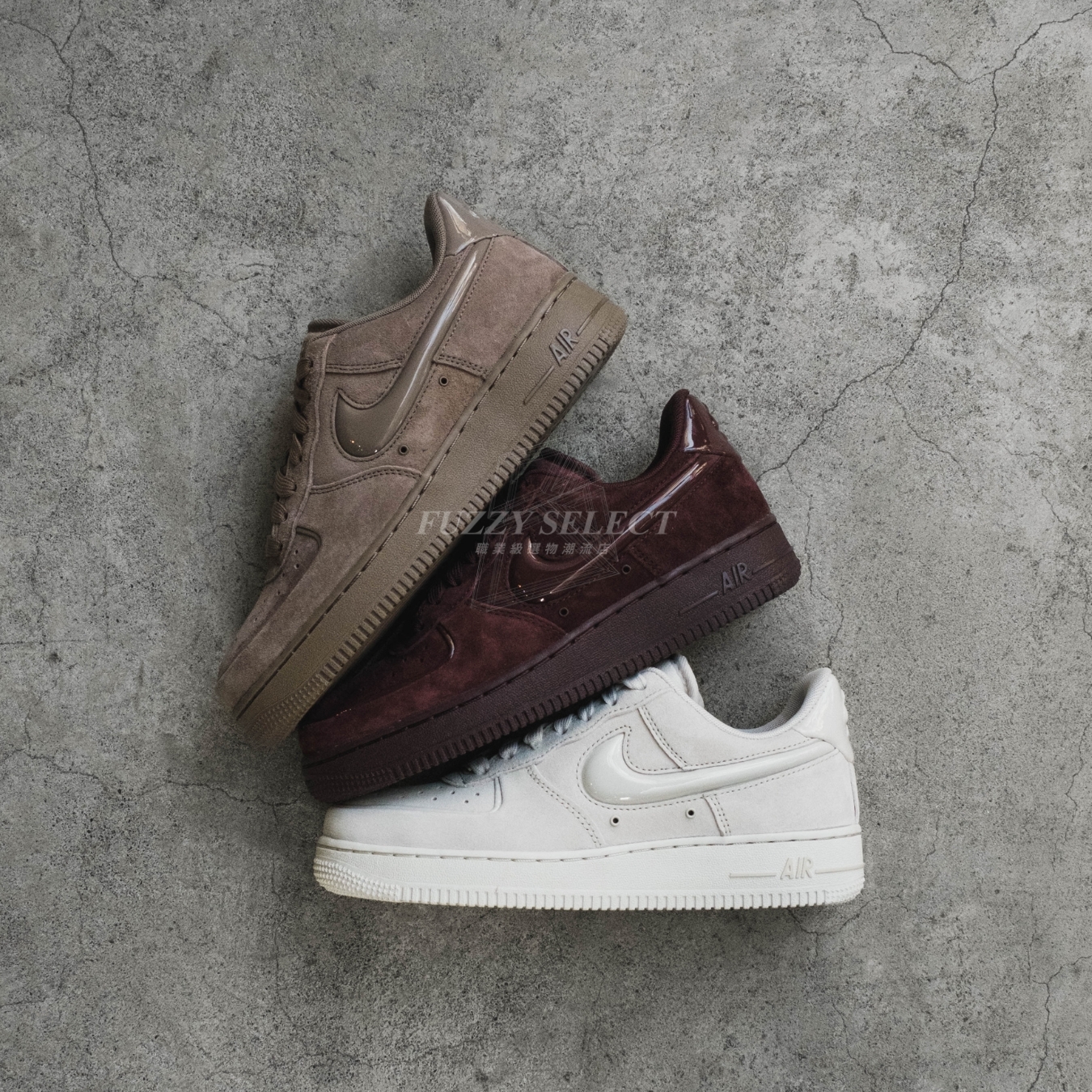 【逢甲 FUZZY】<國外限定> W Nike Air Force 1 絲絨 麂皮 立體勾勾 米白HV4406-001 酒紅HV4406-600 咖啡色HV4406-200