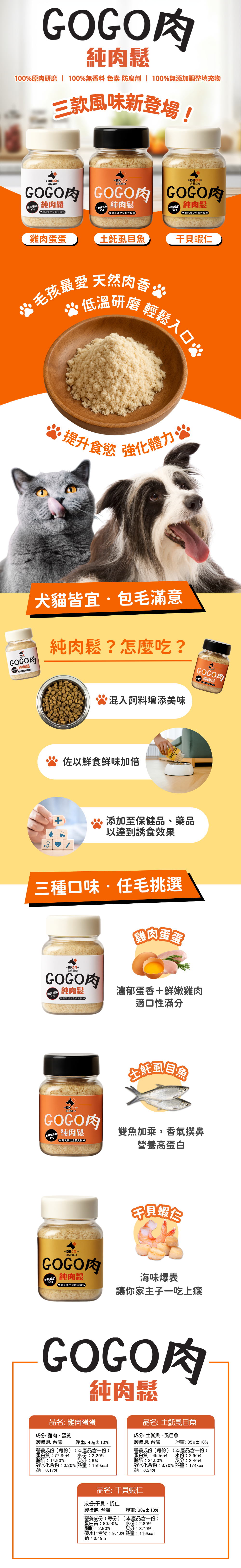 GOGO肉，肉鬆，貓，狗，干貝，蝦仁，土魠魚，虱目魚，雞肉，蛋黃，拌飼料