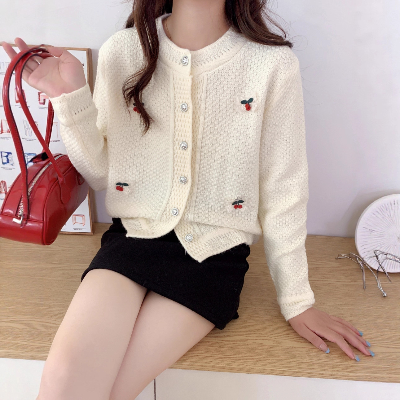 Bow & Cherry Crewneck Knit Cardigan