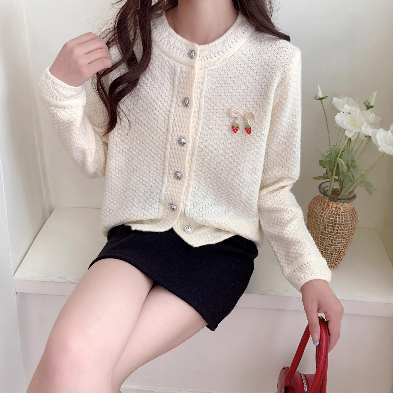 Bow & Cherry Crewneck Knit Cardigan