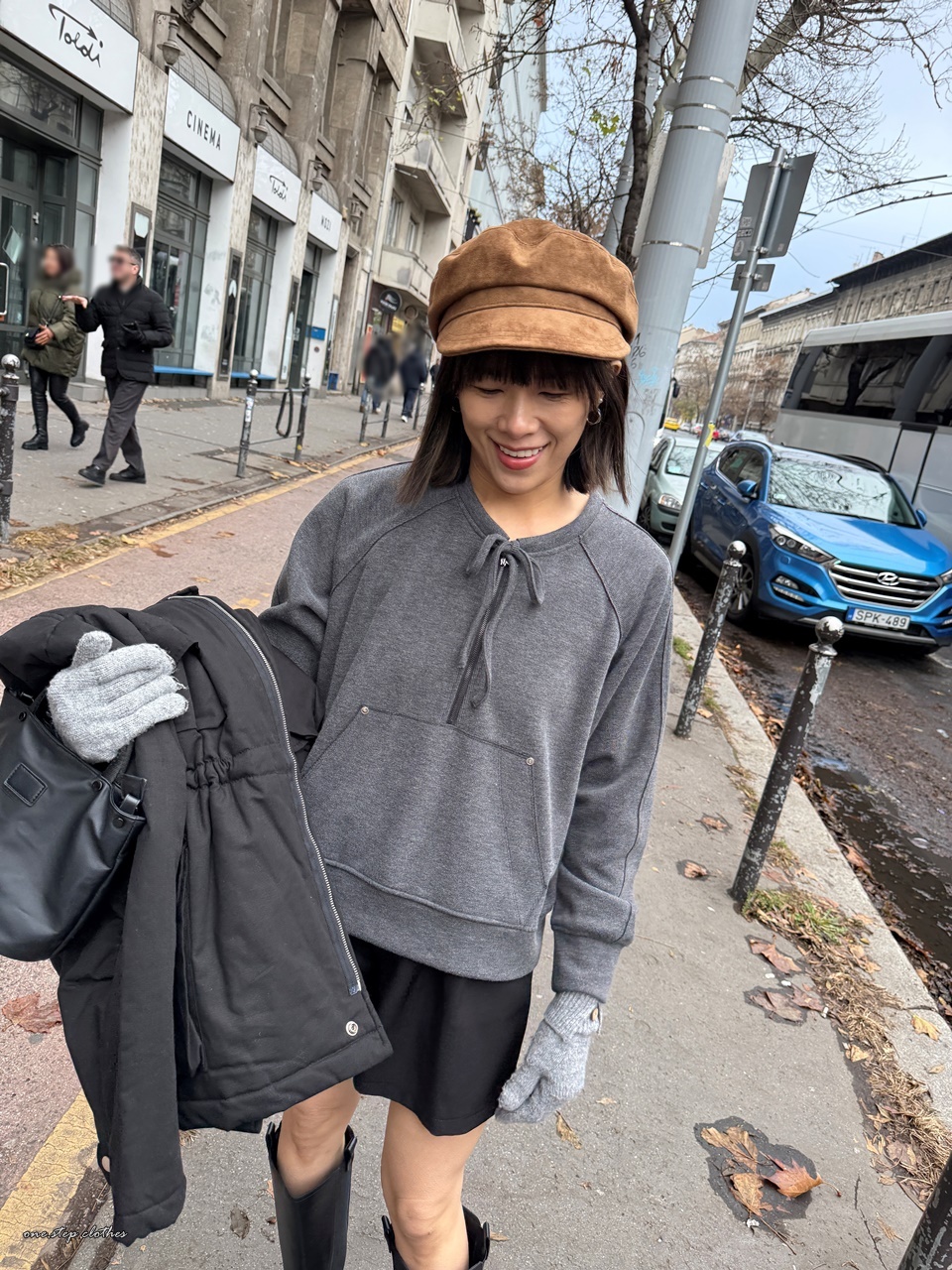 正韓墨灰綁帶設計口袋上衣