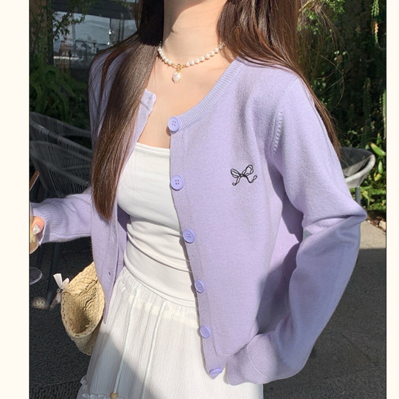 Lightweight Bow Embroidery Knit Cardigan