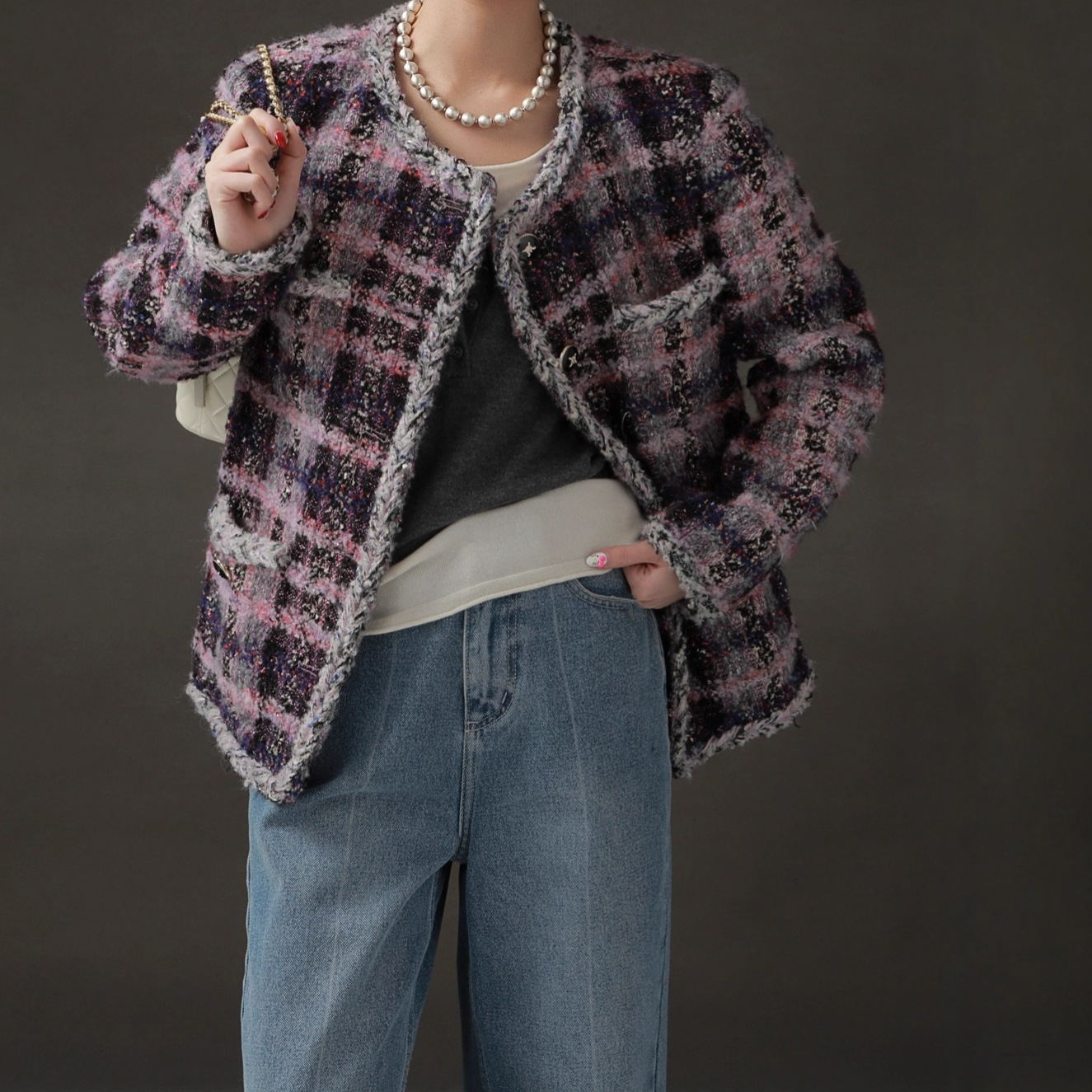 迷幻紫 羊毛編織感毛尼外套