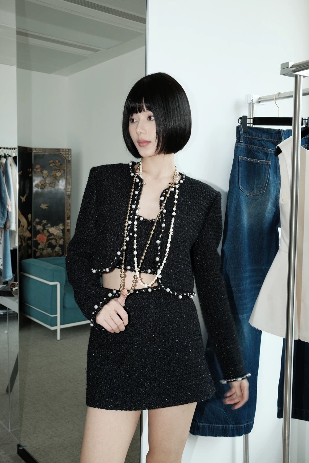 重工小香 珍珠花邊毛尼短裙套裝(3件組)