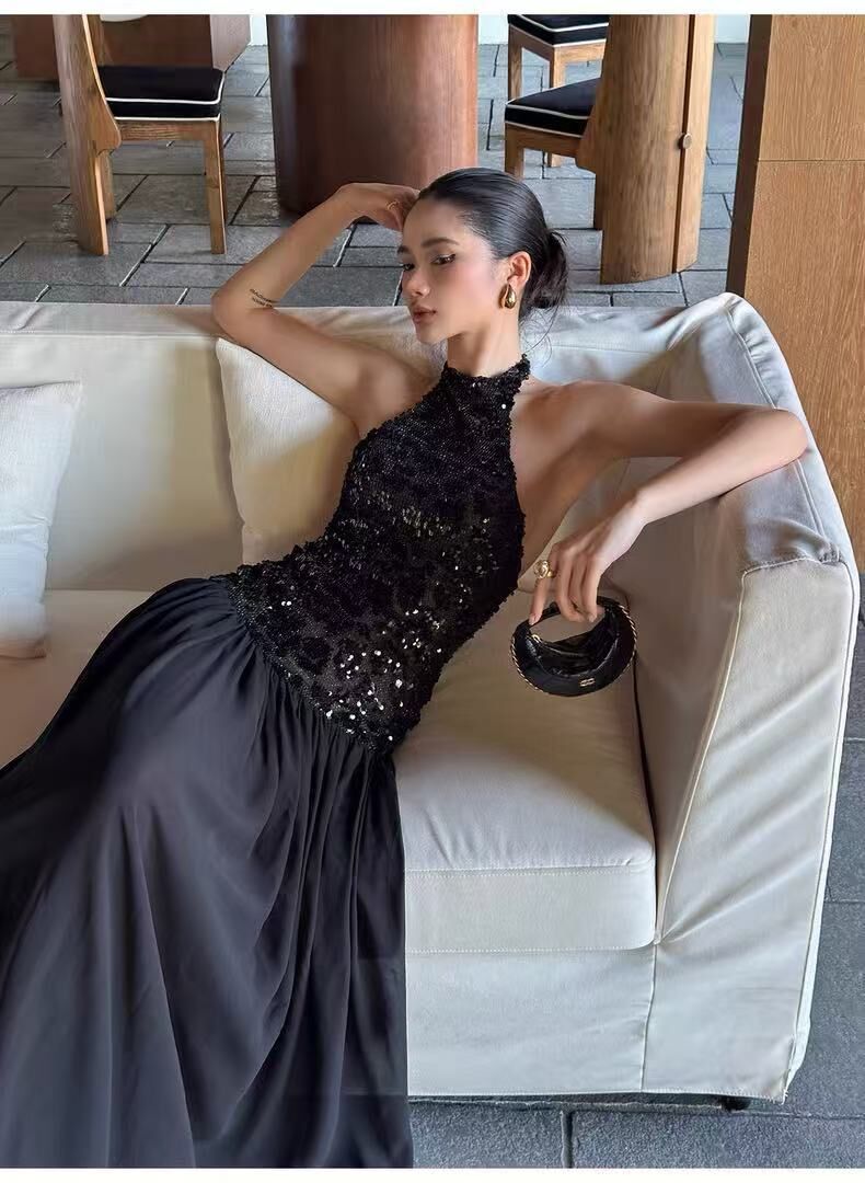 高冷性感 豹紋亮片露背長洋裝