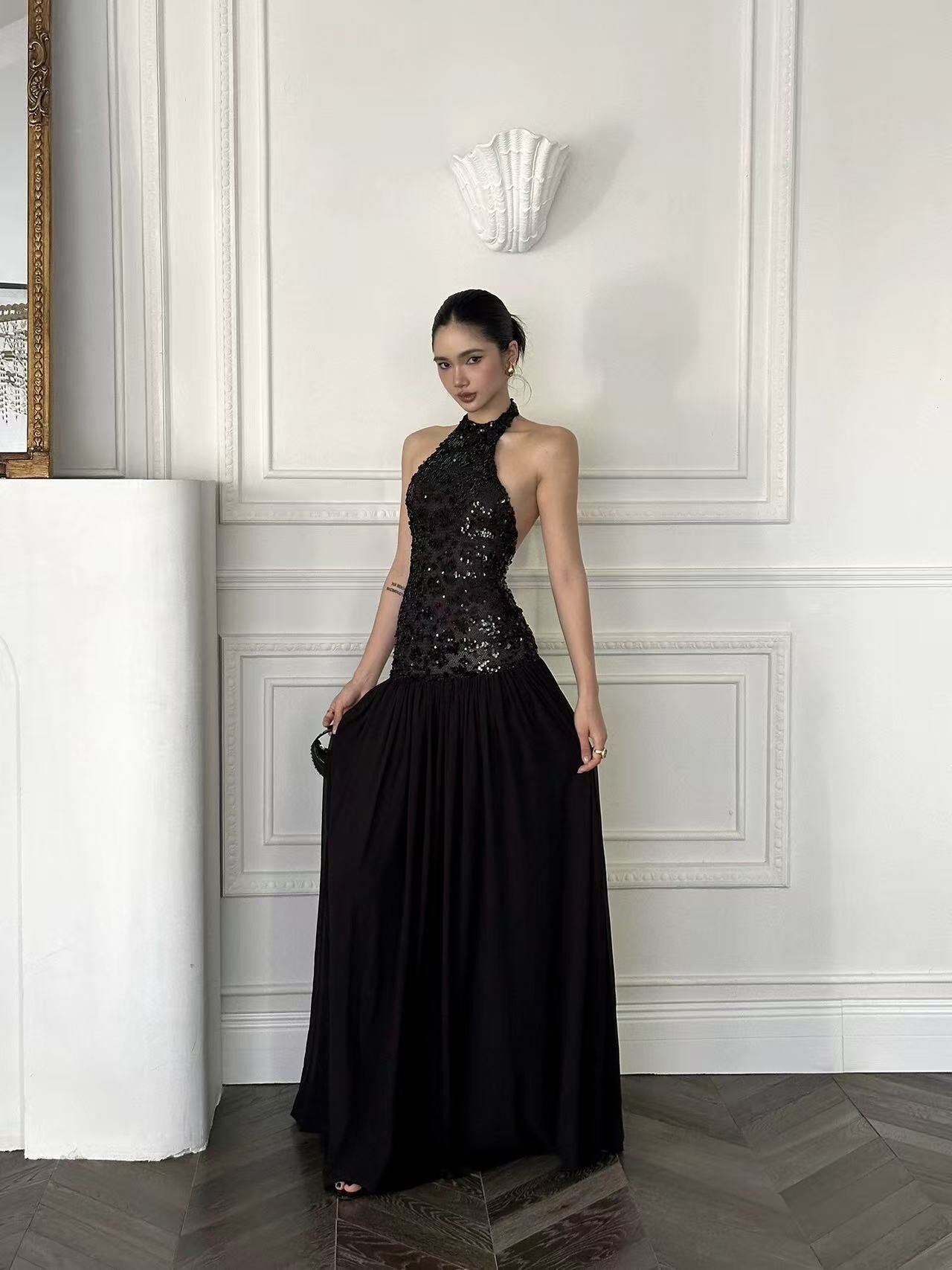 高冷性感 豹紋亮片露背長洋裝