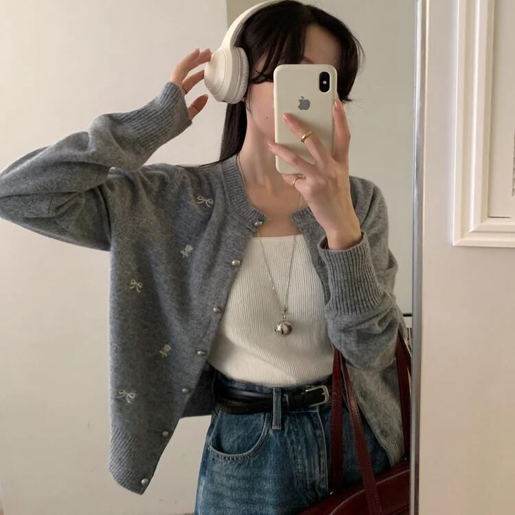 Autumn Minimalist Bow Embroidery Cardigan