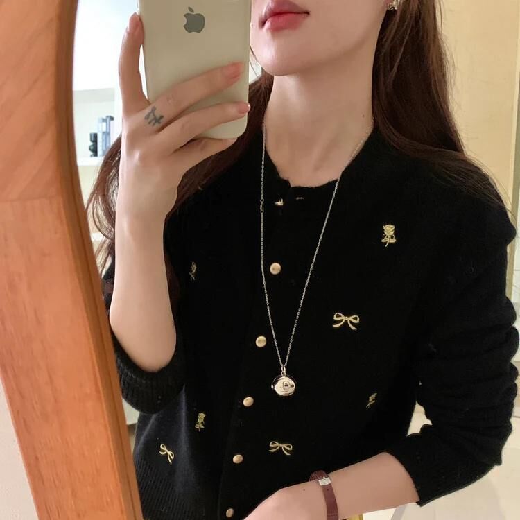 Autumn Minimalist Bow Embroidery Cardigan