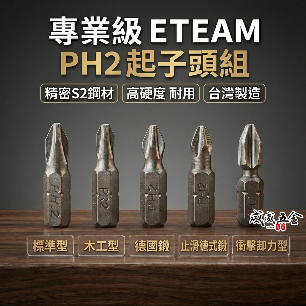 零售｜ETEAM 一等 台灣製｜規格 PH2 長25mm 短版十字起子頭 十字頭 高扭力 木工 止滑型｜#2 十字頭 高扭力木工止滑型 輕鋼架 輕隔間