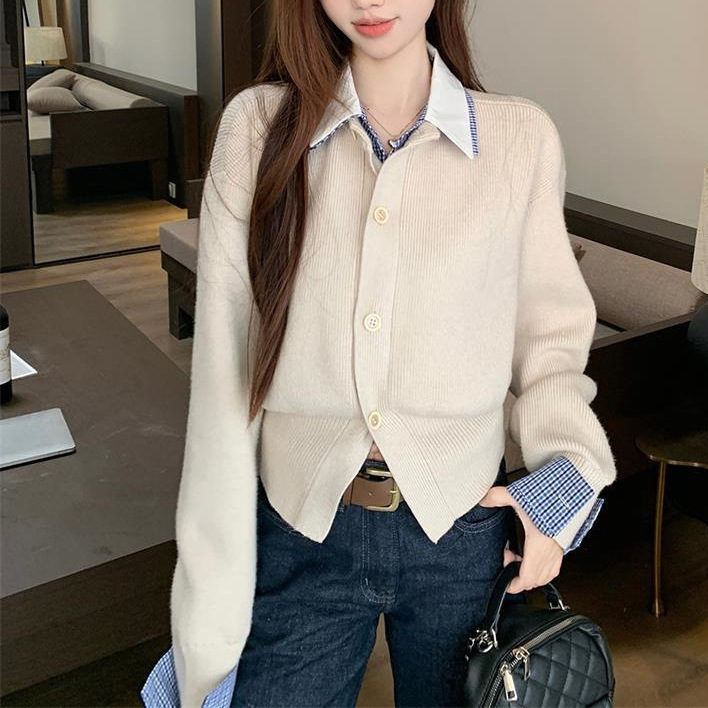 Korean Two-Layer Look Color-Block Polo Knit Top