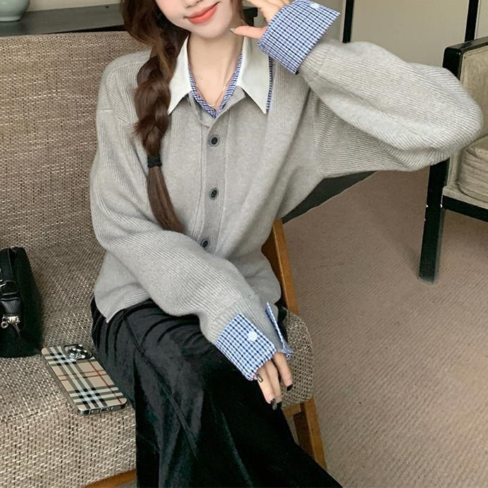 Korean Two-Layer Look Color-Block Polo Knit Top