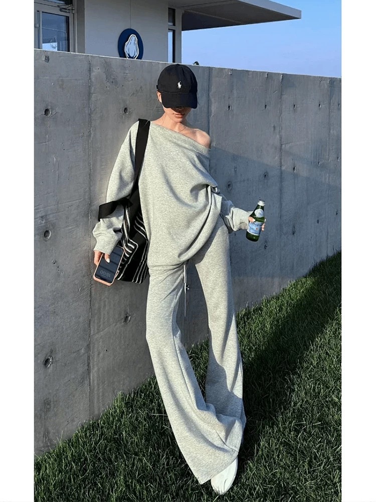 慵懶露肩 棉質休閒套裝(灰/黑)