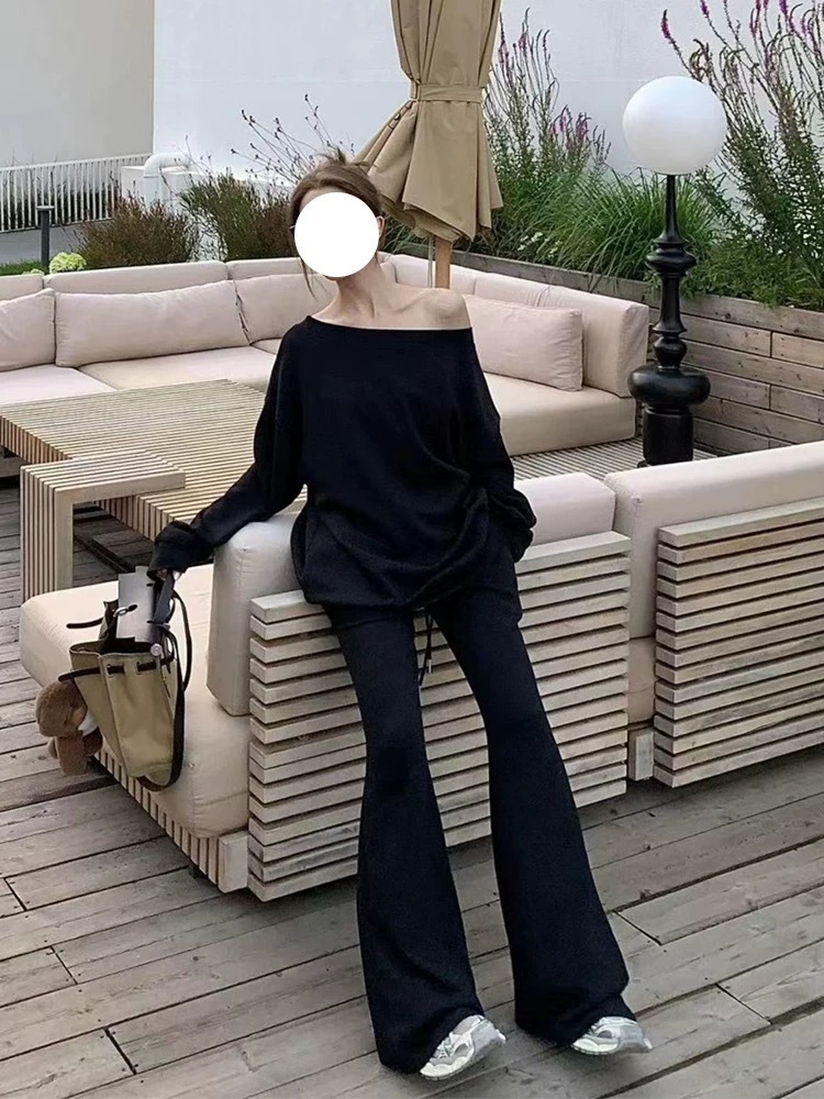 慵懶露肩 棉質休閒套裝(灰/黑)