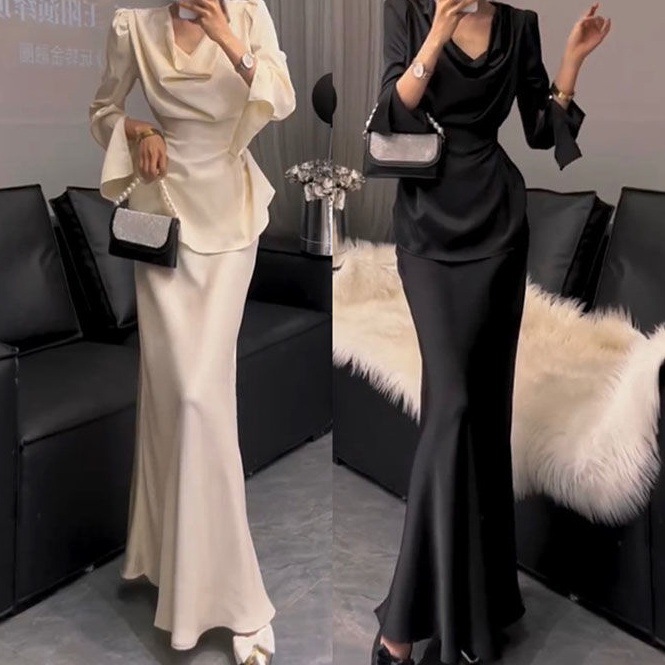 垂墜領收腰緞面套裝裙(白/黑)