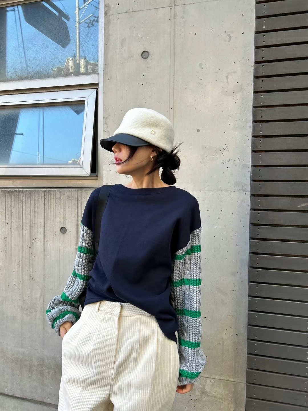 東大門 毛衣拼接寬鬆衛衣(灰/黑)