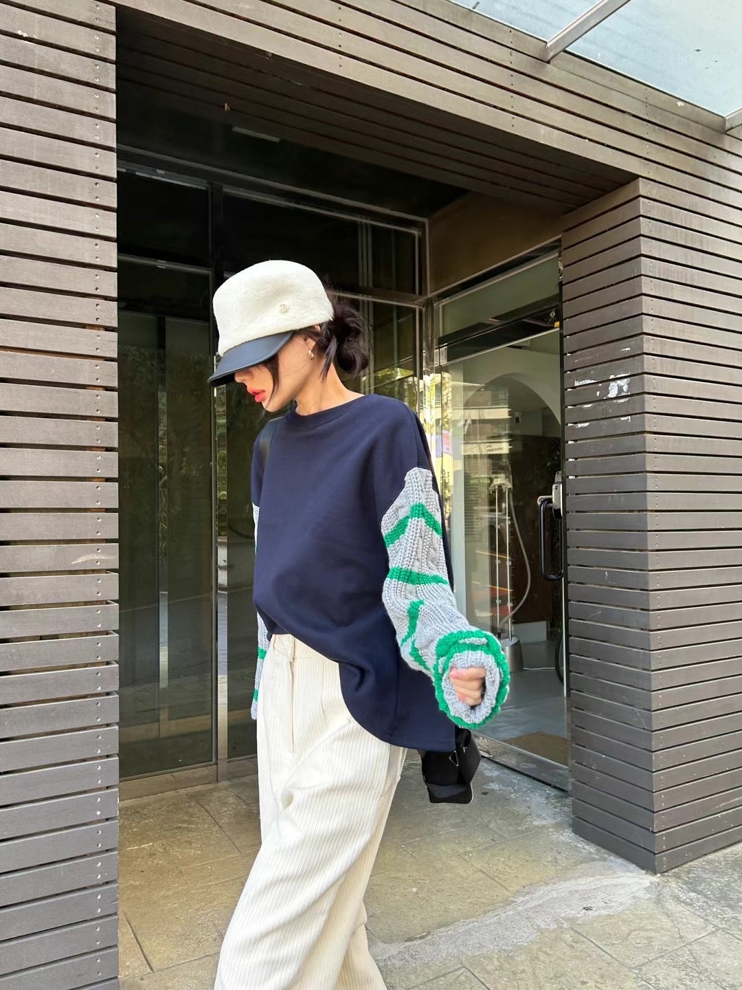 東大門 毛衣拼接寬鬆衛衣(灰/黑)