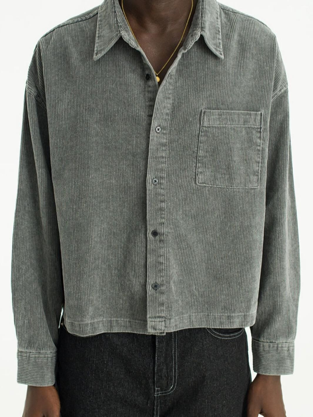 淨色暗直紋Boxy長袖恤衫 S2461