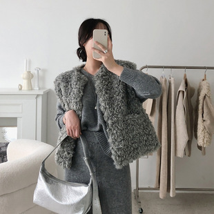 圈圈毛 寬鬆毛毛背心(灰/卡其)