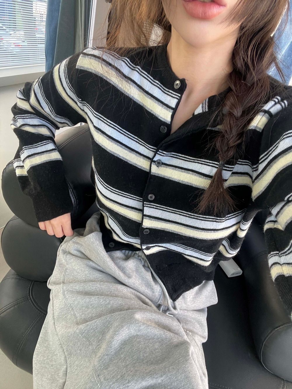 東大門 拚色線條毛線外套(灰/黑/米)