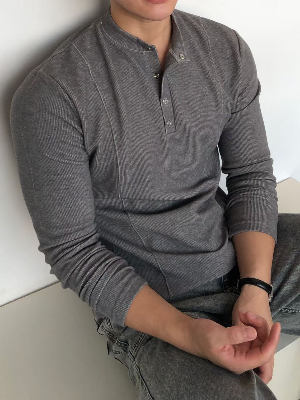 淨色半開胸長袖衫 T5856