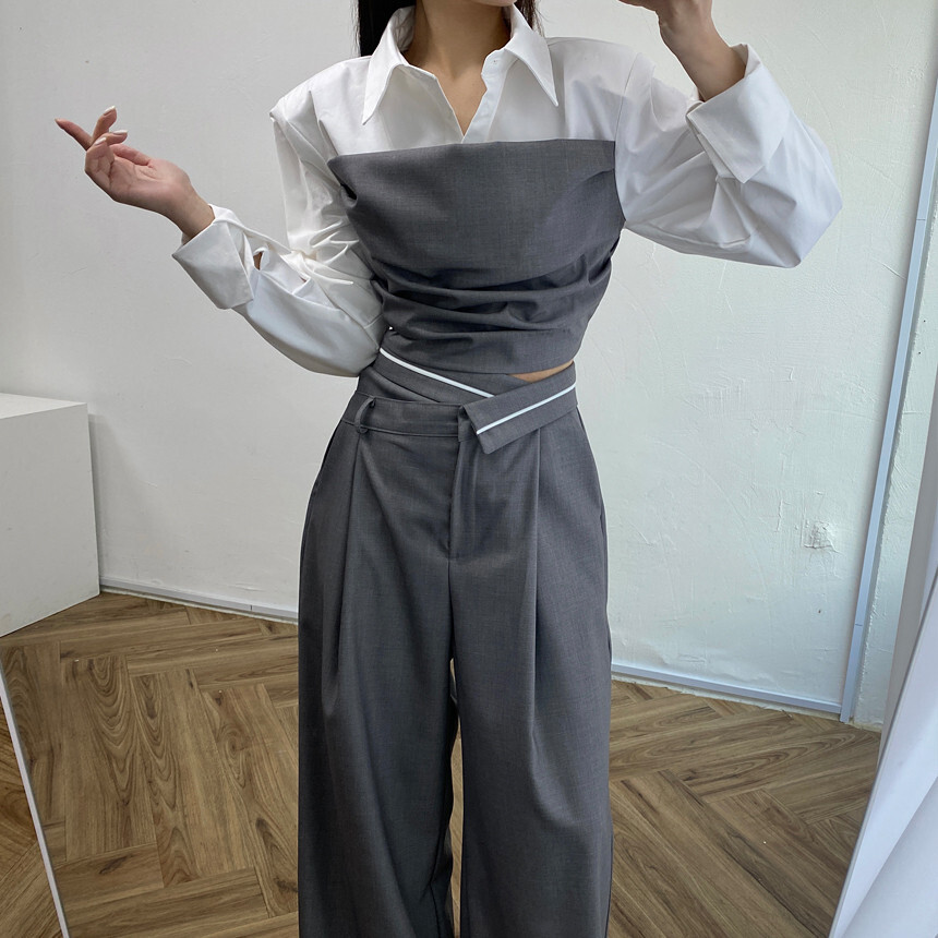 拼接假2件襯衫+ 高腰寬褲(2件組)(灰/黑)