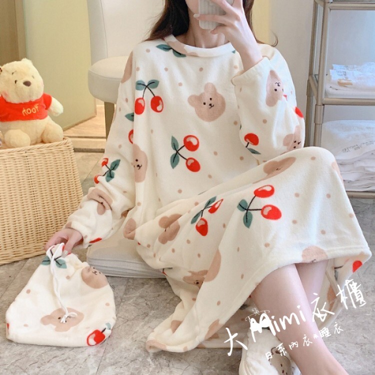 🔥暖呼呼系列-櫻桃熊珊瑚絨睡裙