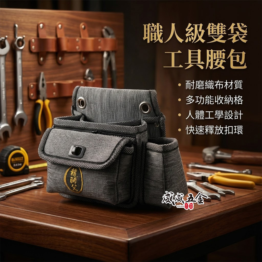 龍師父｜職人用 灰色系4格釘袋+拉鍊工具袋 工具腰包 工作包 板模釘袋 電工袋  水電 木工包｜BL-P4+