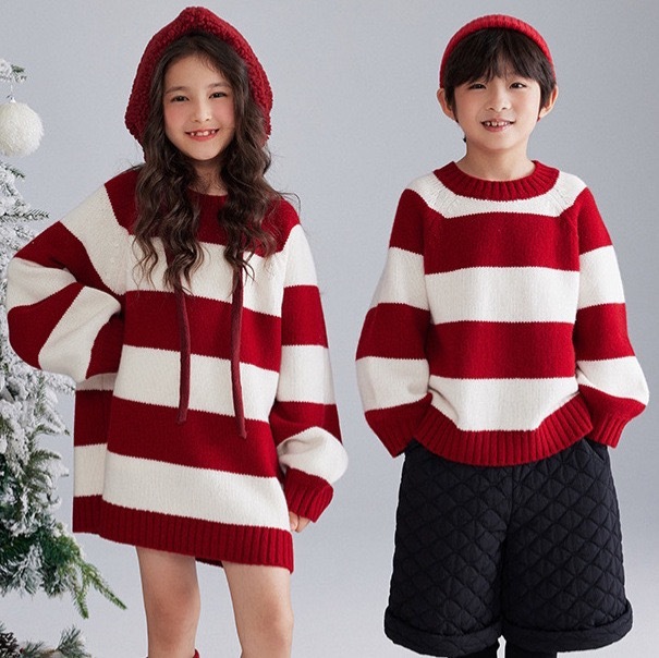 兄弟姐妹一起穿_紅色款條紋針織上衣/洋裝