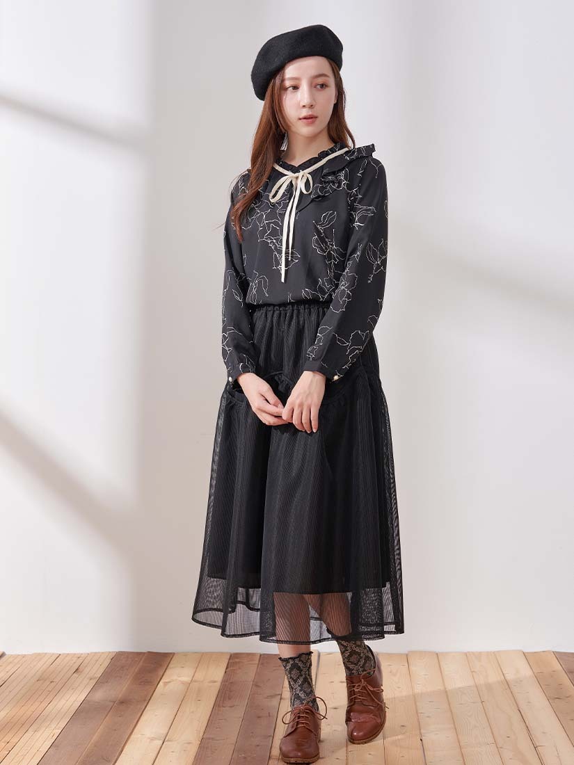 印花荷葉領厚雪紡上衣