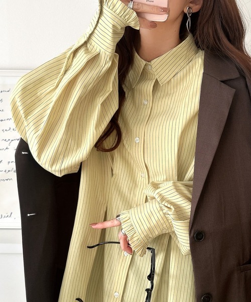 日本🇯🇵連線 Classical Elf 腰身褶袖荷葉邊大長袖襯衫 腰部皺褶 荷葉邊摺袖 襯衫 格子 條紋 寬鬆 7色 (任買兩件711免運)/預購