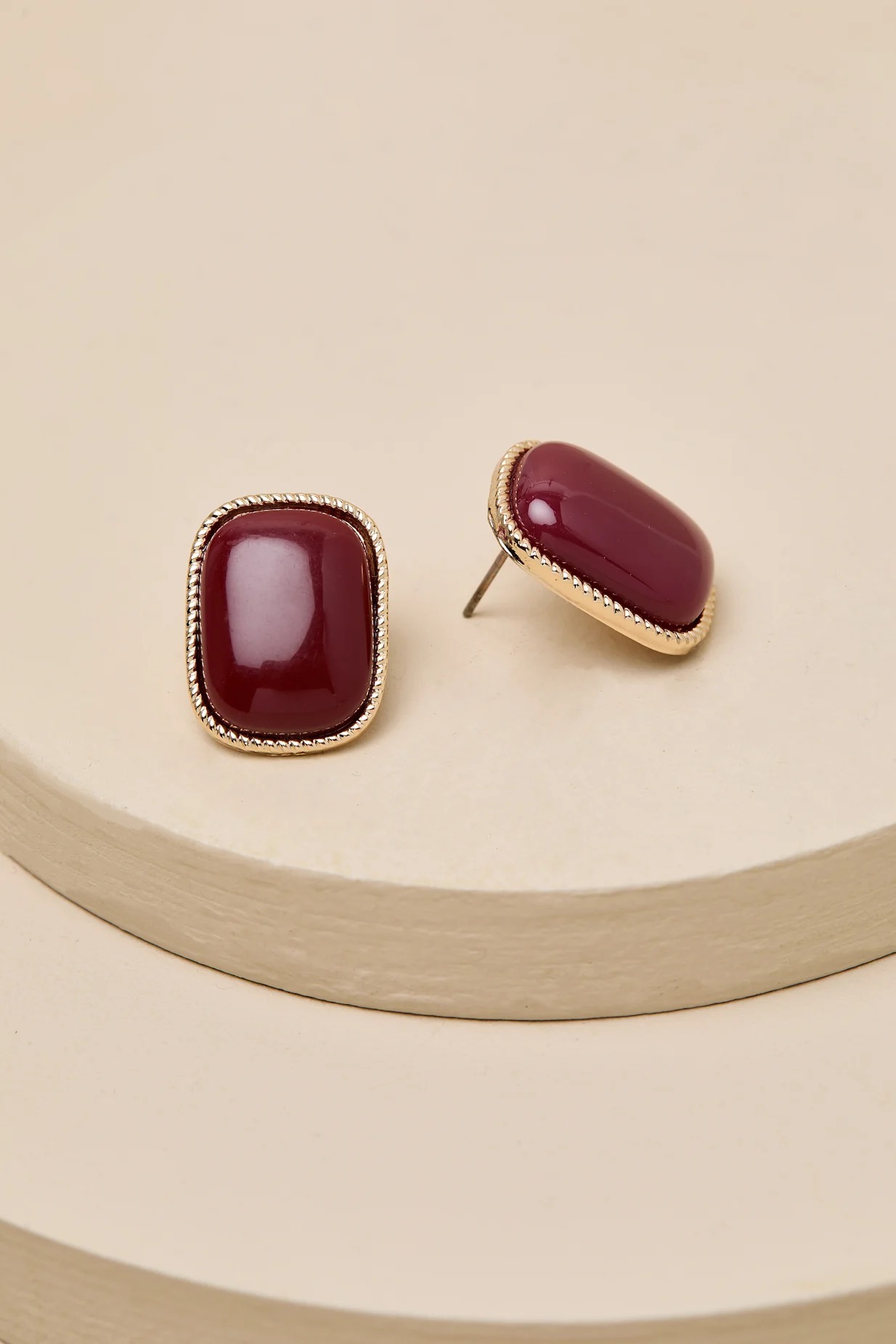 Burgundy勃根地酒紅色寶石金邊復古耳環