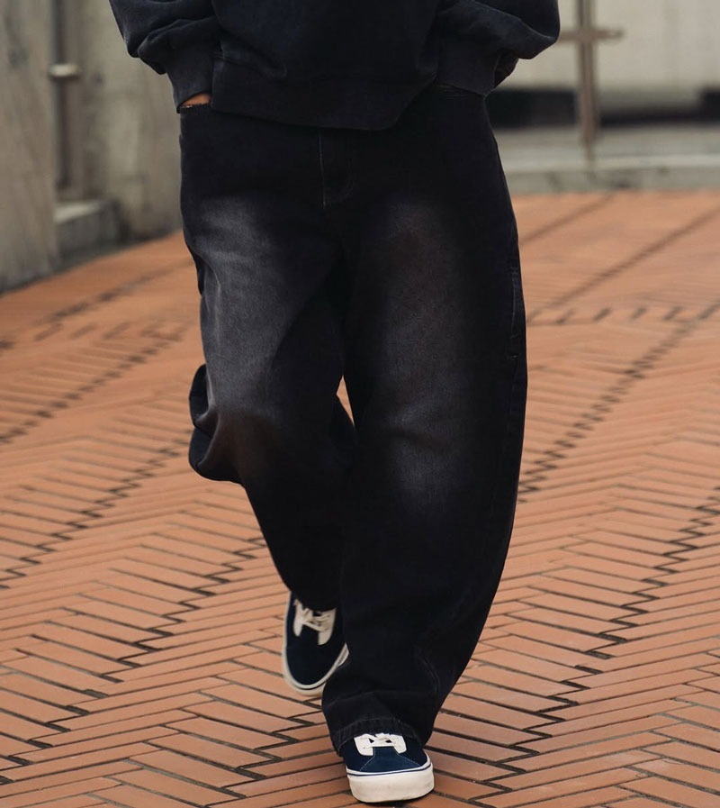 idealism Curve Pants 藍 黑 寬鬆 單寧 弧形牛仔褲【ID25044】