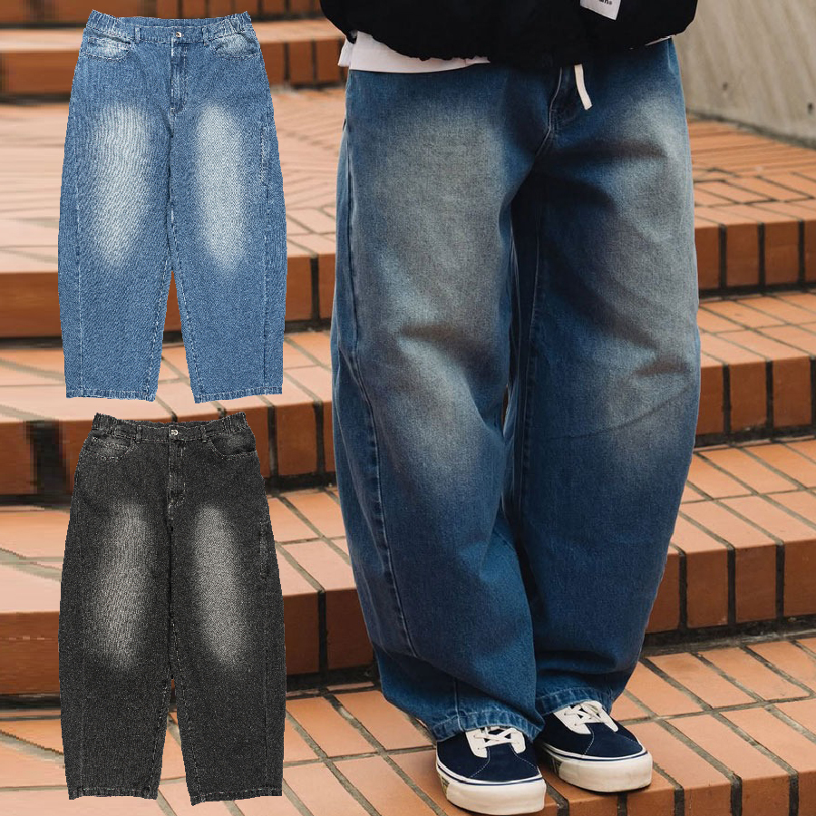 idealism Curve Pants 藍 黑 寬鬆 單寧 弧形牛仔褲【ID25044】