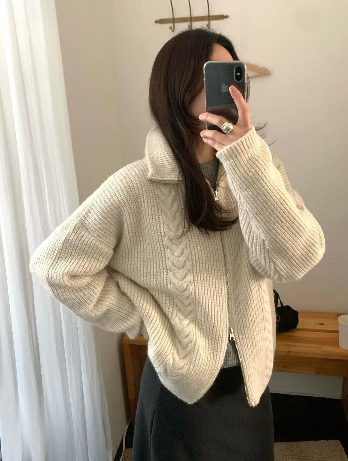 麻花捲雙拉鍊針織外套(米)